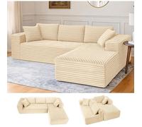 COMHOMA Canapé d'angle en Forme de L, Canapés Modulaire 105" avec Assise Profonde, Canapés Entièrement Compressé, Canapé 3 Places pour Salon et Chambre, Aucun Assemblage Requis, Velours côtelé (Beige)