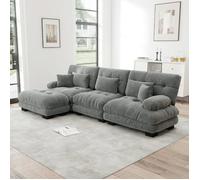 Canapé d'angle - LANGTU - 3 places - Chenille vintage grise - Accoudoirs capitonnés - Poufs assortis amovibles