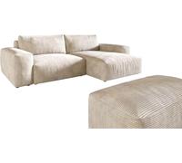Canapé d'angle Lanzo XL velours côtelé Beige 270x180 cm Recamière variable | avec tabouret
