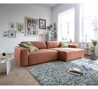 Canapé-d'angle Lazaro 300x160 cm tissu plat orange ottomane à droite avec réglage de la profondeur d'assise