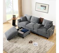 Canapé d'angle moderne en L Fortuna Lai, canapé convertible avec console, 2 porte-gobelets, ports de chargement USB, poche de rangement dans les accoudoirs et coussins, tissu en velours côtelé, canapé