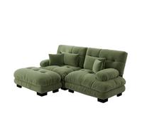 Canapé d'angle modulable 2 places en chenille verte avec ottoman, 2 coussins lombaires et 2 coussins déco