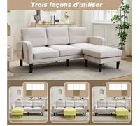 Canapé d'angle modulable 3 places avec chaise longue 204x136x80 cm tissu beige poches rangement déhoussable JOINERY