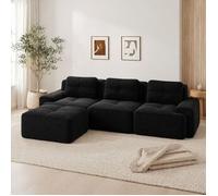 Canapé d'angle modulable 3 places avec ottoman, sans montage, assise 74 cm, mousse 32D, corduroy noir - UVRION