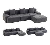 HOMCOM Canapé d'Angle Modulable 3 Places avec Pouf en Chenille, Gris | Canapé Compressé 300 cm en Forme de L avec Assise Profonde, 3 Coussins, Rembourrage Épais, Sans Montage, pour Salon, Chambre