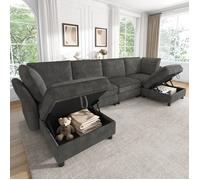 Canapé d'angle modulable 6 places U/L avec pouf coffre, design nuage, tissu chenille gris