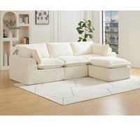 Canapé d'angle modulable avec pouf en velours côtelé grosses côtes beige CYROMA