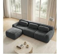 Canapé d'angle modulable en L EVRYAE 291 x 179 x 73 cm, 3 places, tissu peluche gris, avec pouf et coussins