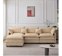 Canapé d'angle modulable L 3 places avec chaise longue et pouf, déhoussable, Chenille Beige