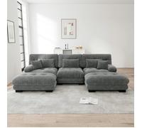 Canapé d'angle modulable - LANGTU - Canapé en U convertible 3 places - velours vintage gris chenille - pouf assorti
