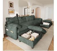 Canapé d'angle modulable U/L 6 places en chenille vert avec 2 poufs coffres, USB Type-C et support téléphone