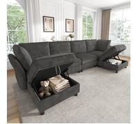 Canapé d'angle modulable U-L gris chenille 289x137x84cm, 6 places, pouf de rangement design nuage pour salon