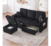 Canapé d'Angle Modulaire 3 Places 194 × 73 × 81 cm LED, USB, Type-C et 2 Tiroirs - TCQPZ - Velours Côtelé Noir