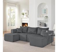 Canapé d'angle modulaire 3 places 230 cm, velours côtelé gris en forme de L | Canapé compressé avec porte-gobelets et poches latérales, coussin inclus, 300 kg, pour salon, hôtel et appartement en