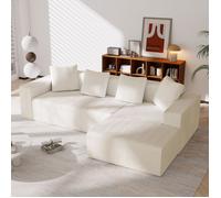 Canapé d'angle modulaire 3 places avec méridienne, assise profonde, 4 coussins, velours côtelé blanc - UVRION