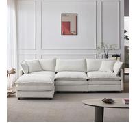 Canapé d'angle modulaire 3 places avec méridienne et pouf - TCQPZ - structure stable, coussins déhoussables, chenille beige