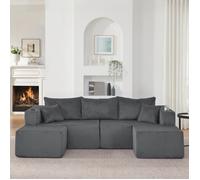 Canapé d'angle modulaire 3 places, avec porte-gobelets et poches de rangement, en velours côtelé, équipé d'un pouf mobile, gris