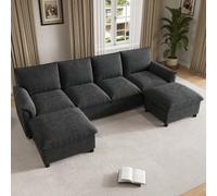 Canapé d'angle modulaire 4 places en forme de U, canapé d'angle confortable avec assise profonde, canapé de salon avec 2 repose-pieds mobiles, dossier haut, pour bureau, salon, chambre à coucher, noir
