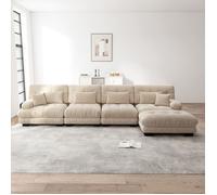 Canapé d'angle modulaire 4 Places Tissu Chenille Brun Clair, Design Cloud, avec Ottoman et 4 Coussins, Assise Profonde, pour Salon