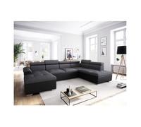 Canapé d'angle Panoramique 6 places PAOLA convertible en Simili et Tissu Avec Coffres - Gris/Noir - L322 x P196 x H76cm - LOUNGITUDE