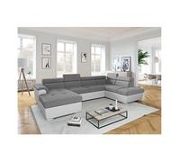 Canapé d'angle Panoramique 6 places PAOLA convertible en Simili/Tissu Avec Coffres - Blanc/Gris - L322 x P196 x H76cm - LOUNGITUDE