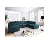 Canapé d'angle Panoramique 6 places PAOLA convertible en Tissu Avec Coffres - Bleu - L322 x P196 x H76cm - LOUNGITUDE