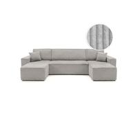 Canapé d'angle panoramique convertible 6 places FARAH en velours cotelé épais - Gris clair