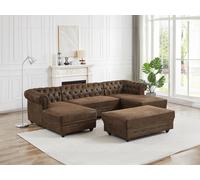 Canapé d'angle panoramique et pouf en microfibre aspect cuir vieilli CHESTERFIELD