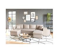 Canapé d'angle panoramique OSLO convertible avec coffres et poufs à droite - Tissu - Beige - L311 x P146 x H81cm - LOUNGITUDE