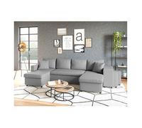 Canapé d'angle panoramique OSLO convertible avec coffres et poufs à droite - Tissu - Gris clair - L311 x P146 x H81cm - LOUNGITUDE