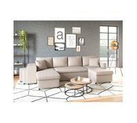 Canapé d'angle panoramique OSLO convertible avec coffres et poufs à gauche - Tissu - Beige - L311 x P146 x H81cm - LOUNGITUDE
