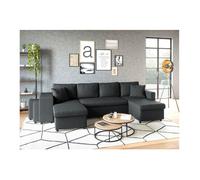 Canapé d'angle panoramique OSLO convertible avec coffres et poufs à gauche - Tissu - Gris foncé - L311 x P146 x H81cm - LOUNGITUDE