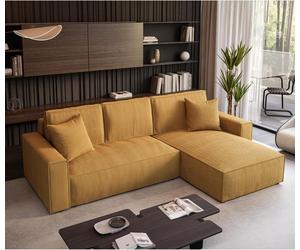 Canapé d'angle Parys Canapé d'angle rembourré en forme de L avec revêtement en velours côtelé avec fonction de couchage et lit 290 cm Canapé en forme de L, couleur : jaune, Poso 01