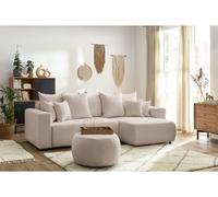 Canapé d'angle réversible convertible coffre ENVY tissu bouclette doux avec pouf rond beige BOBOCHIC 5 places Beige