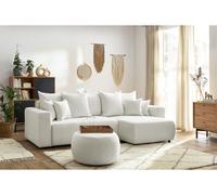 Canapé d'angle réversible convertible coffre ENVY tissu bouclette doux avec pouf rond blanc BOBOCHIC 5 places Blanc