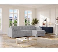 Canapé d'angle réversible convertible express en tissu texturé gris clair - Couchage lattes larges 140 cm - Matelas 22 cm avec mémoire de forme - DARIELO