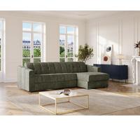 Canapé d'angle réversible convertible express en tissu texturé vert kaki - Couchage lattes larges 140 cm - Matelas 22 cm avec mémoire de forme - DARIELO