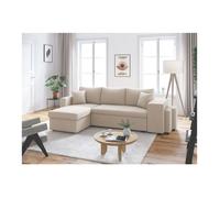 Canapé d'angle réversible convertible OSLO avec coffre, 2 poufs à droite en velours côtelé beige - L241 x P146 x H81cm - LOUNGITUDE