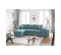 Canapé d'angle réversible convertible OSLO avec coffre, 2 poufs à droite en velours côtelé bleu - L241 x P146 x H81cm - LOUNGITUDE