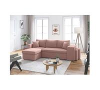 Canapé d'angle réversible convertible OSLO avec coffre, 2 poufs à droite en velours côtelé rose - L241 x P146 x H81cm - LOUNGITUDE