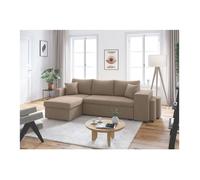 Canapé d'angle réversible convertible OSLO avec coffre, 2 poufs à droite en velours côtelé taupe - L241 x P146 x H81cm - LOUNGITUDE