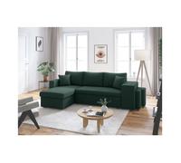Canapé d'angle réversible convertible OSLO avec coffre, 2 poufs à droite en velours côtelé vert - L241 x P146 x H81cm - LOUNGITUDE
