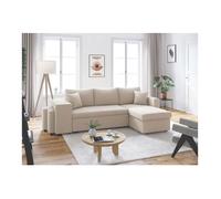 Canapé d'angle réversible convertible OSLO avec coffre, 2 poufs à gauche en velours côtelé beige - L241 x P146 x H81cm - LOUNGITUDE