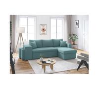 Canapé d'angle réversible convertible OSLO avec coffre, 2 poufs à gauche en velours côtelé bleu - L241 x P146 x H81cm - LOUNGITUDE