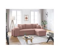 Canapé d'angle réversible convertible OSLO avec coffre, 2 poufs à gauche en velours côtelé rose - L241 x P146 x H81cm - LOUNGITUDE