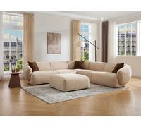 Canapé d'angle réversible et pouf en tissu texturé beige MIBASTO