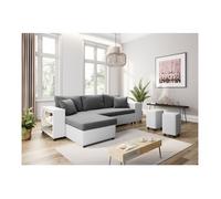 Canapé d'angle réversible MADY bimatière gris/blanc avec coffre accoudoir étagère et poufs droit - L254 x P146 x H81cm - LOUNGITUDE