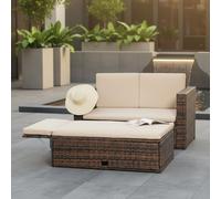 Canapé de jardin 2 places avec repose-pieds et espace de rangement, en résine tressée, ensemble lounge avec coussins de siège en polyester, couleur marron/beige
