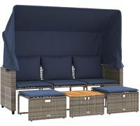 Canapé de jardin 3 places avec auvent, poufs, table en bois d'acacia, couleur gris marine, revêtement en polyrotin, dimensions : 176 x 65 x 149 cm. Design moderne, idéal pour jardin, terrasse ou balco
