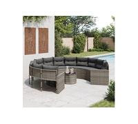 vidaXL Canapé de jardin Rond avec table et coussins Gris Poly Rattan